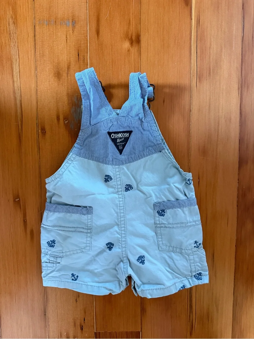 OshKosh B'gosh Light Blue Anchor Embroidered Overalls Shorts Size 6M